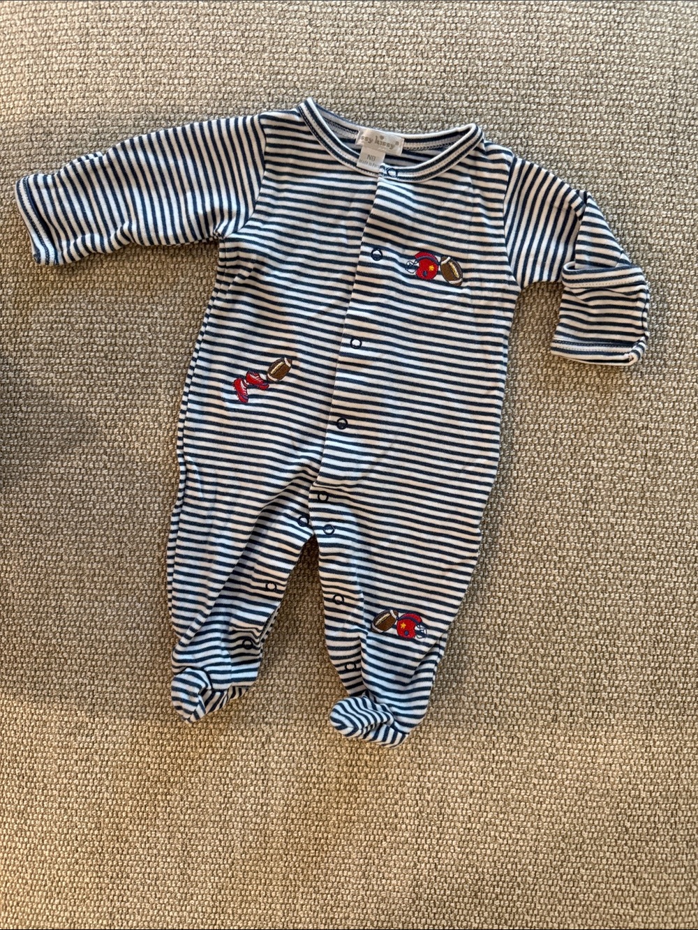 Kissy Kissy Navy & White Striped Footie with Football Appliqués NB